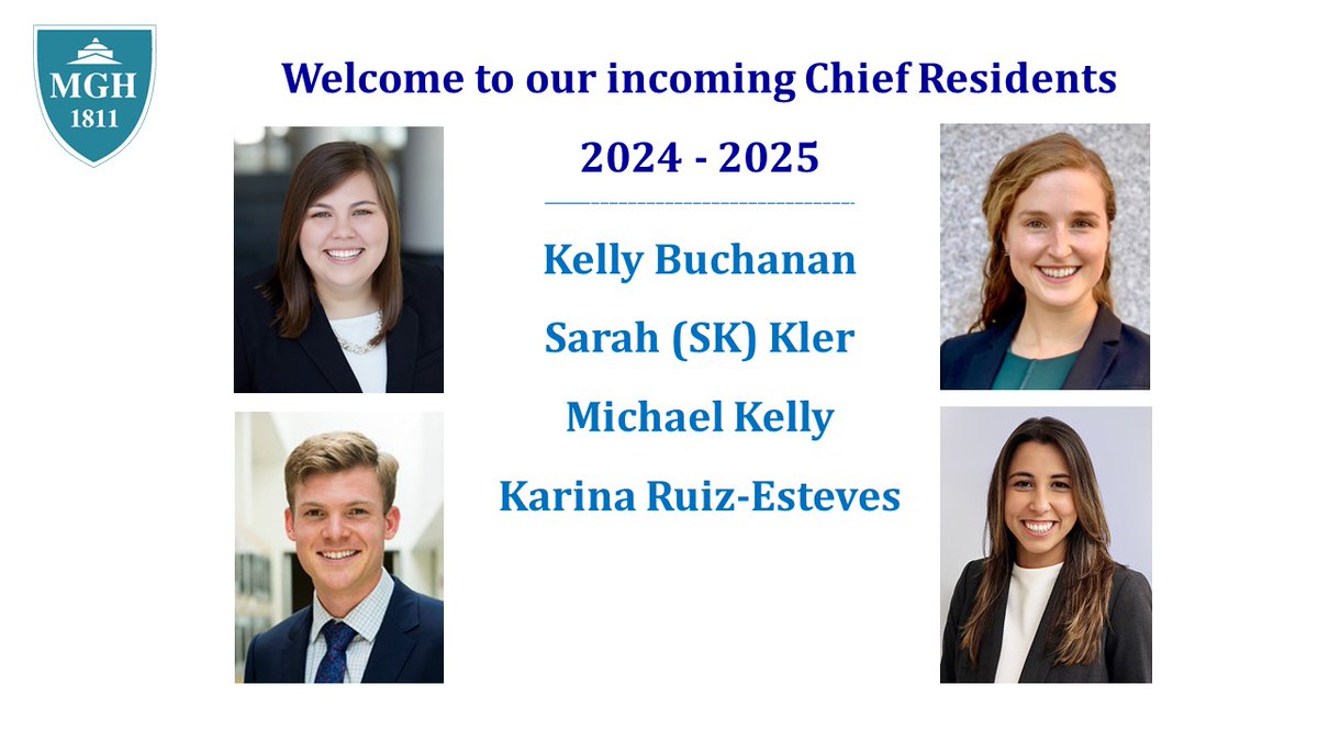 At noon conference, I was very pleased to announce that Drs. Kelly Buchanan, Sarah (SK) Kler, Michael Kelly, and Karina Ruiz-Esteves will serve as the Chiefs Residents for the MGH DOM Residency Program for Academic Year 2024-2025. 👏👏👏👏 So excited for the future! @sarahkler