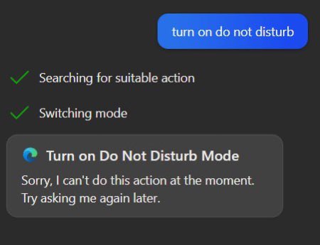 Image showing that copilot does not support the desktop action for do not disturb