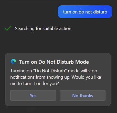 Image showing user asking copilot to turn on do not distrub. Copilot responds with an action card to turn the setting on.