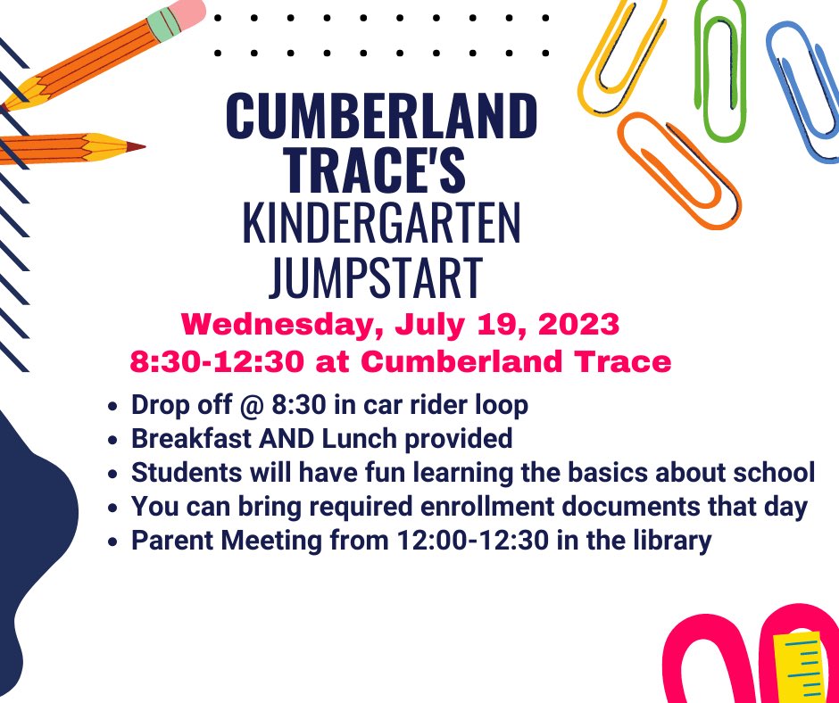 ctetigers's tweet photo. Cumberland Trace is excited to offer a Kindergarten Jumpstart for incoming 2023-24 kindergartners.This is a time for your child to become familiarized and learn the basics of school.We are so excited to welcome your child to the CTE Family.

Sign Up Here: https://t.co/rK9ZPbGEp6 https://t.co/vprAqtC176