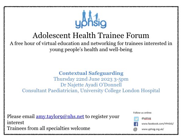 paedsdramy's tweet image. Join us next week for this month’s Adolescent Health Trainee Forum on contextual safeguarding. Open to trainees of all grades from all specialties.
@yphsig @AYPHcharity @HLB27 @terry_segal1 @studentoftouch @FrancescaNeale @shahrakhee @ejparish @AbigailSwerdlow
