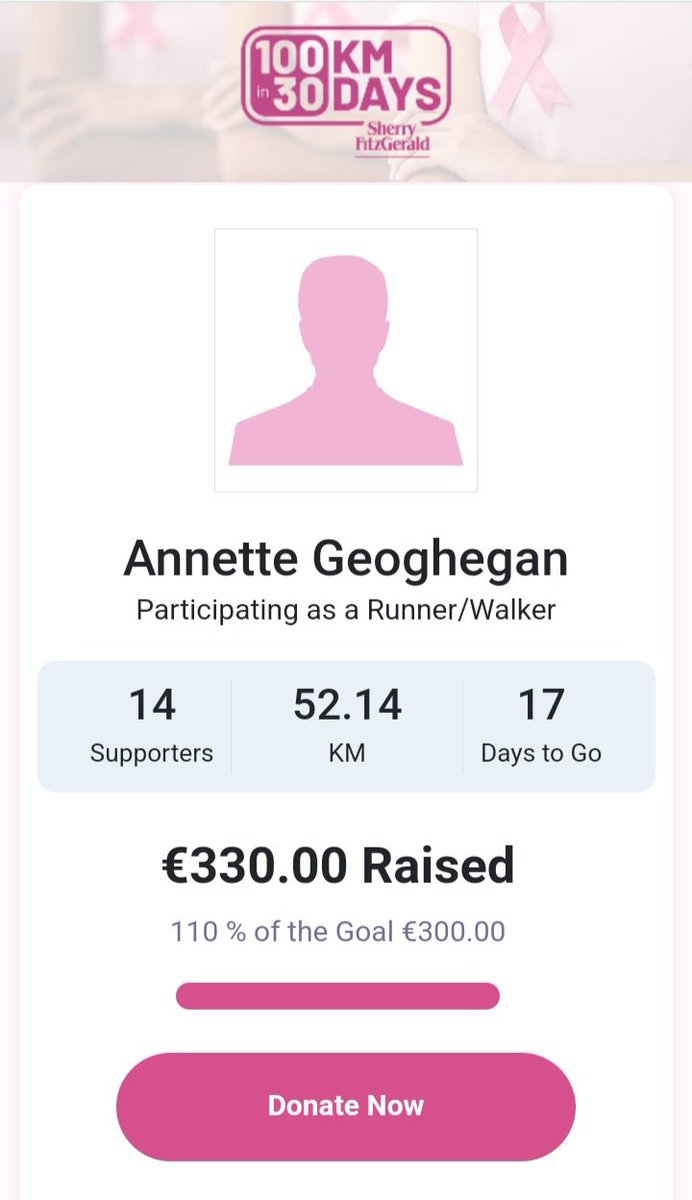 Annette Geoghegan (@nettegeoghegan) on Twitter photo Over halfway there. Thanks to all who have donated so far. Great charity doing fantastic work to support those affected by breast cancer.
<a href="/MarieKeating/">Marie Keating Foundation</a> <a href="/Sherry_Fitz/">Sherry FitzGerald</a>
<a href="/100kin30days/">100kin30days</a> #pinkarmy
100kin30days.ie/fundraising/pr… Over halfway there. Thanks to all who have donated so far. Great charity doing fantastic work to support those affected by breast cancer.
<a href="/MarieKeating/">Marie Keating Foundation</a> <a href="/Sherry_Fitz/">Sherry FitzGerald</a>
<a href="/100kin30days/">100kin30days</a> #pinkarmy
100kin30days.ie/fundraising/pr…