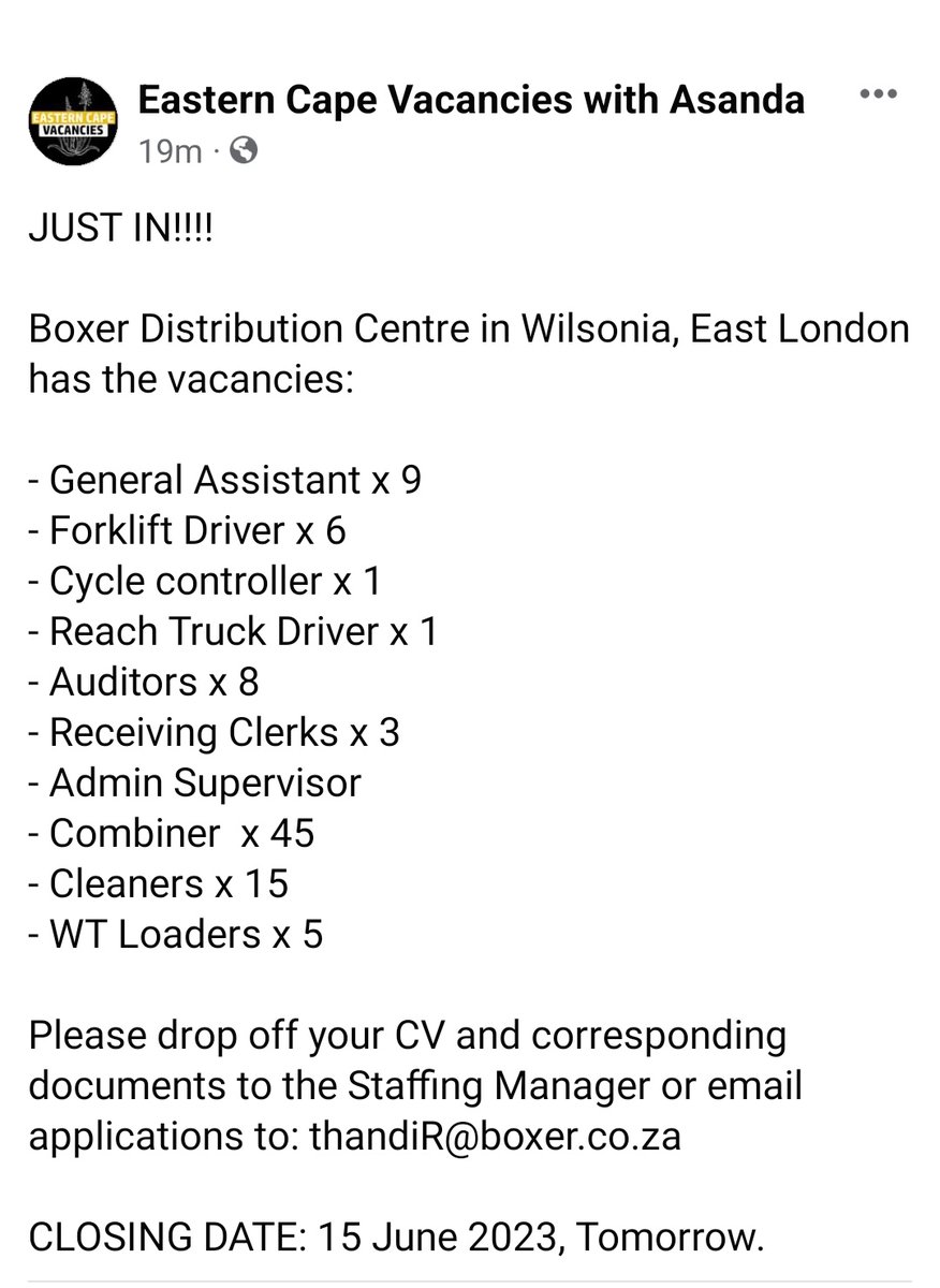 JUST IN!!!!
Boxer Warehouse is hiring!

#JobSeekersSA #JobSeekersZA