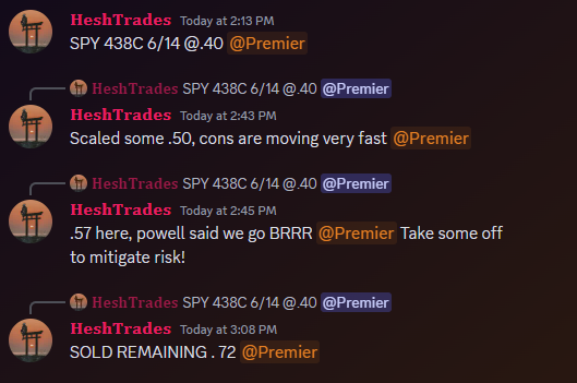 HeshTrades's tweet photo. Traded $SPY today 
2 for 2 
436P 233% - Traded a wedge breakdown

438C 80% - Bought the dip on Powell conference https://t.co/aIZF7edeZI