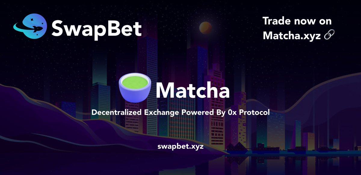 SwapBet is officially tradable on <a href="/matchaxyz/">Matcha 🍵✨</a> 🃏

We are excited to continue to expand SwapBet and open more ways for users to participate in our sweepstakes 🎁

Join our community ⤵️
t.me/swapbetxyz
swapbet.xyz