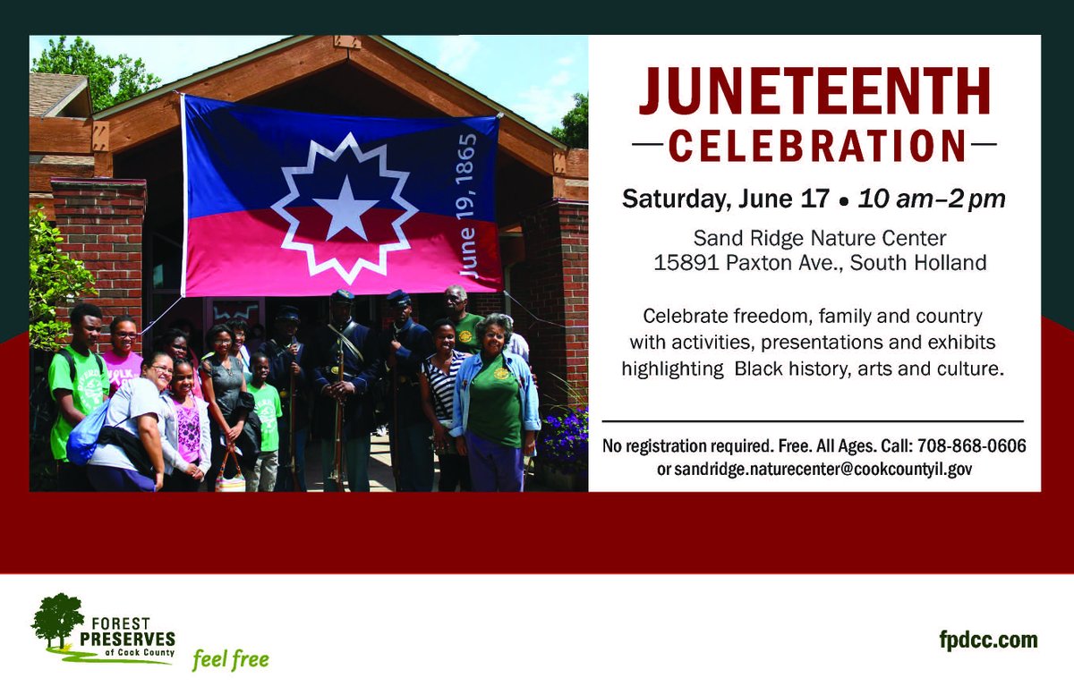 FPDCC's tweet photo. Join us this Saturday, June 17, for the 10th Annual Juneteenth Celebration at Sand Ridge Nature Center.

Drop-in programs at the nature center include guided walks, artmaking with tie-dye and creative reuse materials, displays and trivia.

Learn more: https://t.co/MCHkS7dzgf https://t.co/T4kq2gyqpX