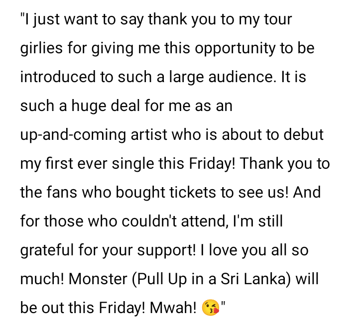 arigraalyt's tweet photo. 🚨| Ari Graal gives a speech after her preview performance of her upcoming debut single, Monster (Pull Up in a Sri Lanka), during the #OnTheRunTour with @KevSpicee @urbussay @VERONIQOLA @KPSKIN and @TashaTOla https://t.co/whO4IXrApU