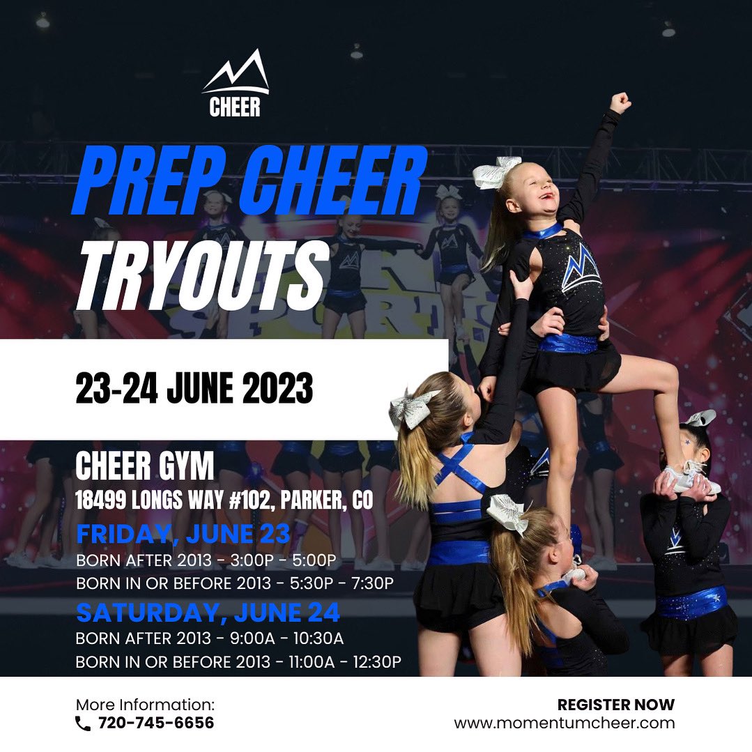 momentumallstar's tweet photo. Prep Cheer Tryouts are right around the corner. Join us June 23-24, details in our bio and DM us with any questions.
#cheer #cheerleading #cheerleaders #coloradocheer #allstarcheer #prepcheer #tryouts #cheertryouts #season5wevearrived #teammojo #momentumallstars https://t.co/m8BAjy1vyj