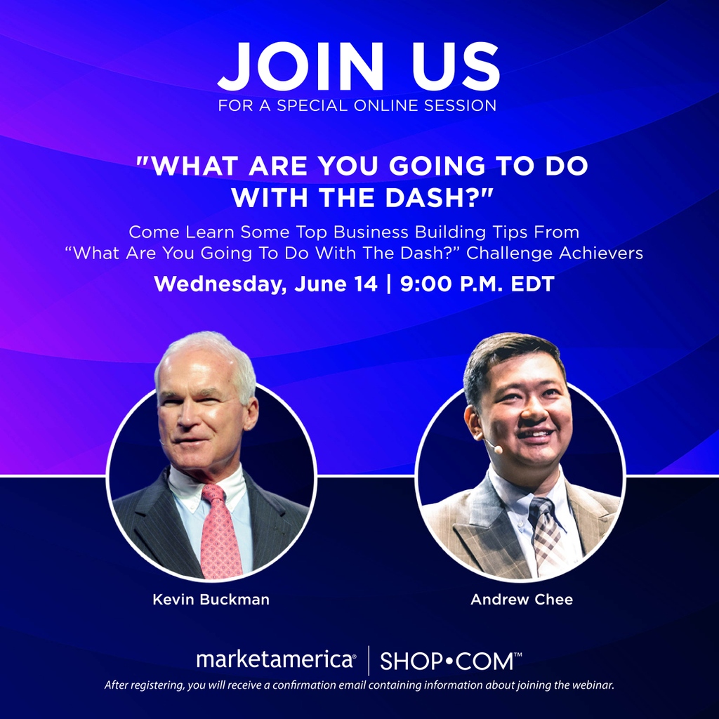 MarketAmerica's tweet photo. 🚨What Are You Going To Do With The Dash🚨
Registration 🔗: https://t.co/INsqzxScTP
Who: Kevin Buckman and Andrew Chee
What: What Are You Going To Do With The Dash Challenge Achievers
When: TODAY - June 14 @ 9 PM EDT
Where: Zoom
#MarketAmerica | #DashChallenge https://t.co/HGUMwzjTcN