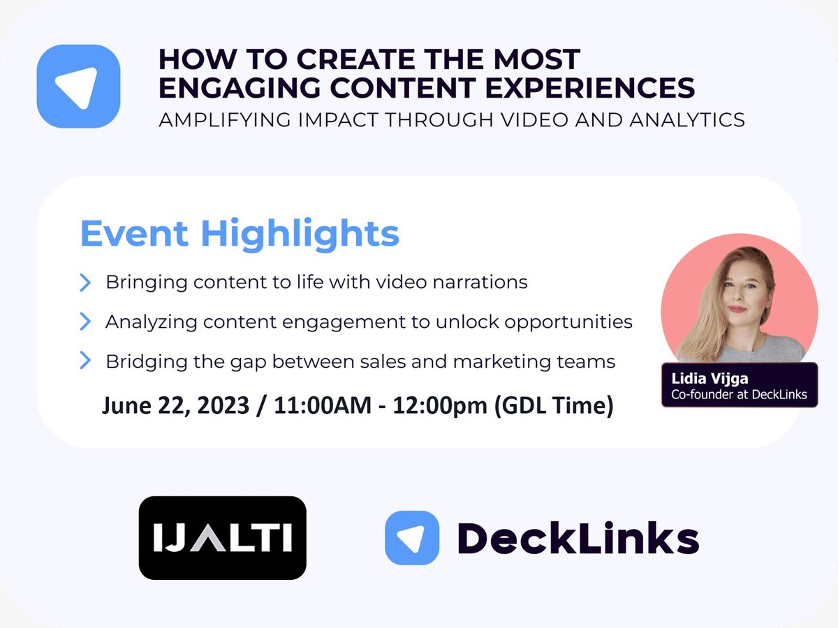 IJALTI's tweet photo. ¿Te gustaría llegar a más clientes potenciales con menor esfuerzo y de una manera más personalizada, así como identificar a los mejores prospectos? Aprende cómo hacerlo en este Webinar gratuito coordinado por el IJALTI y @deck_links Registro: https://t.co/PNUTjBinle https://t.co/0yC51FYuIK