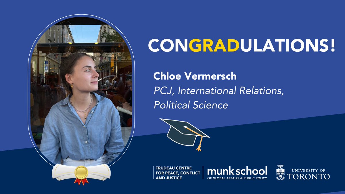 TrudeauPCJ's tweet photo. Our last PCJ student graduating from Victoria college today is Chloe Vermersch with a degree in PCJ, International Relations and Political Science. Congratulations Chloe!

#UofTGrad23 @UofT @munkschool https://t.co/pIMJ62d0CX
