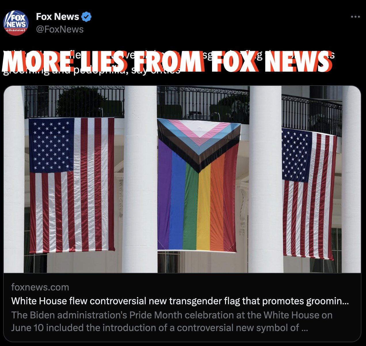 GLAAD on X: FACTS: Don't listen to this untrue, vile lie from Fox News.  The Progress Pride flag adds communities of color (Black and Brown  stripes), as well as pink, white, and