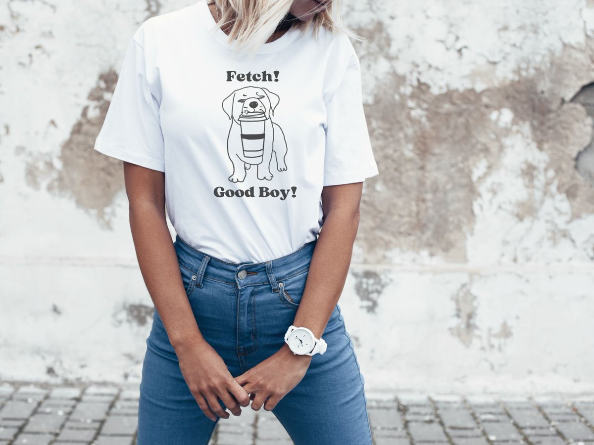 Fetch! Good Boy! T-Shirt -Cute puppy fetching a coffee cup. 
Ideal for coffee and dog enthusiasts. A must-have for stylish pet owners! etsy.me/3p8dKOI #shortsleeve #giftforher #petloversshirt #animalshirt