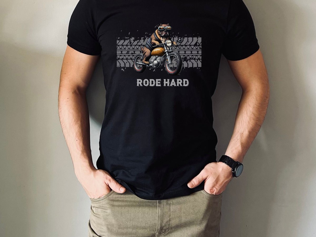Motorcycle T-Shirt: Bull Dog riding a vintage motorcycle, "Rode Hard" slogan. Perfect for riders! etsy.me/3NbCKNd #motorcyclewomen #motorcyclemen #motorcycletshirt #dogonmotorcycle #bulldog #mensmotorcycle