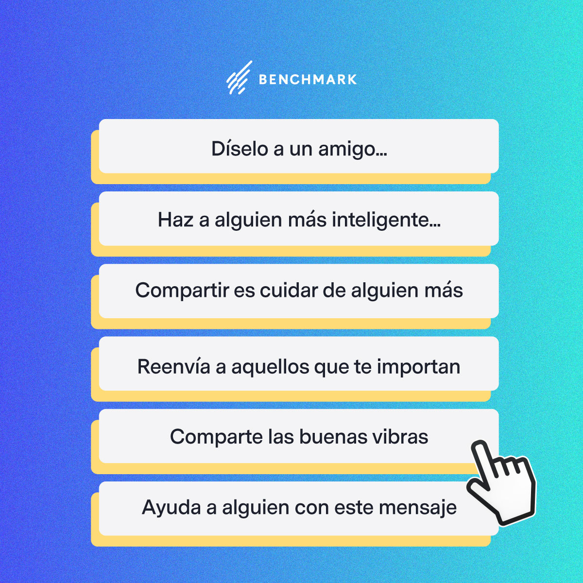 Invita a tus lectores a compartir tus campañas con llamativas llamadas a la acción. Cuando comparten tus #emails significa que estás enviando #contenidodevalor, además te ayuda a hacer crecer tu lista y crear branding. 
Haz #emailmarketing con Benchmark ui.benchmarkemail.com/es/register