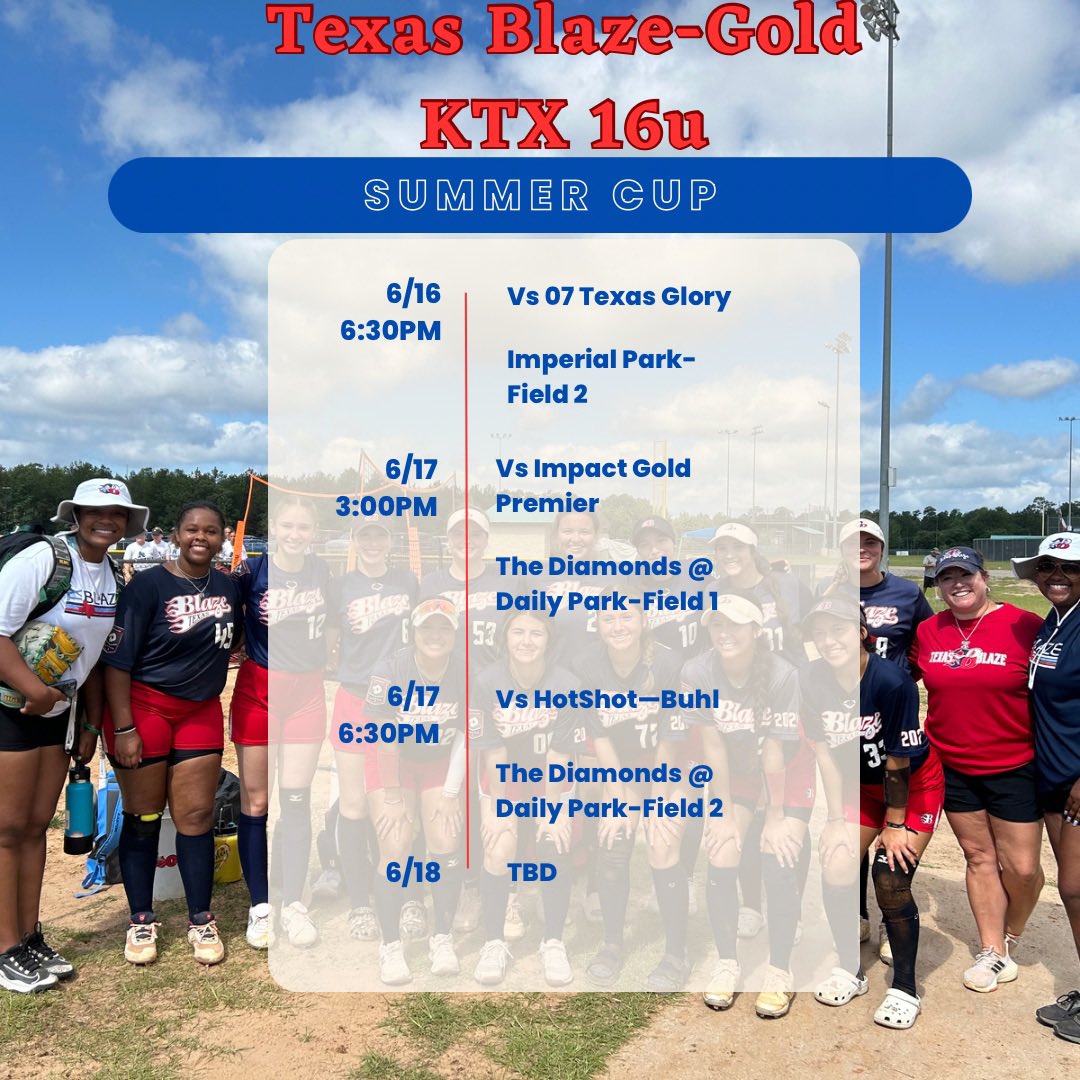 Michelle McBride (@coachmichelle2) on Twitter photo Itβs going to be a π₯ one this weekend, oh and the weather will be π₯΅ too!!
Come check out this amazing group of young ladies πβ€οΈ
#WatchUsWork #BlazeOn
<a href="/BlazeKtx16u/">Texas Blaze: Gold KTX 16u</a> Itβs going to be a π₯ one this weekend, oh and the weather will be π₯΅ too!!
Come check out this amazing group of young ladies πβ€οΈ
#WatchUsWork #BlazeOn
<a href="/BlazeKtx16u/">Texas Blaze: Gold KTX 16u</a>