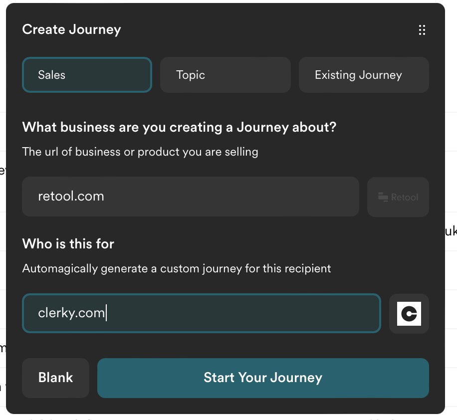journeyio's tweet image. Introducing ... Generative Sales Journeys.
Generate custom sales/marketing material for each lead, account or other recipient automagically in seconds.
Simply tell Journey who you're selling to, and we'll explain why they should use your product.
journey.io/blog/generativ…