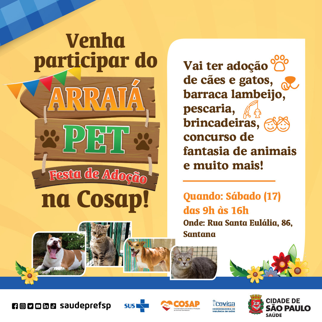 saudeprefsp's tweet photo. 🙀🤠 Neste sábado (17), a Coordenadoria de Saúde e Proteção ao Animal (Cosap) promove o Arraiá Pet. Venham todos!
🐾 Vão ser diversas atividades gratuitas para toda a família!
🎊 Já separa a fantasia do seu pet e entre nessa festa!
#ArraiáPet #Cosap #SUS https://t.co/JcYZb3yXTg