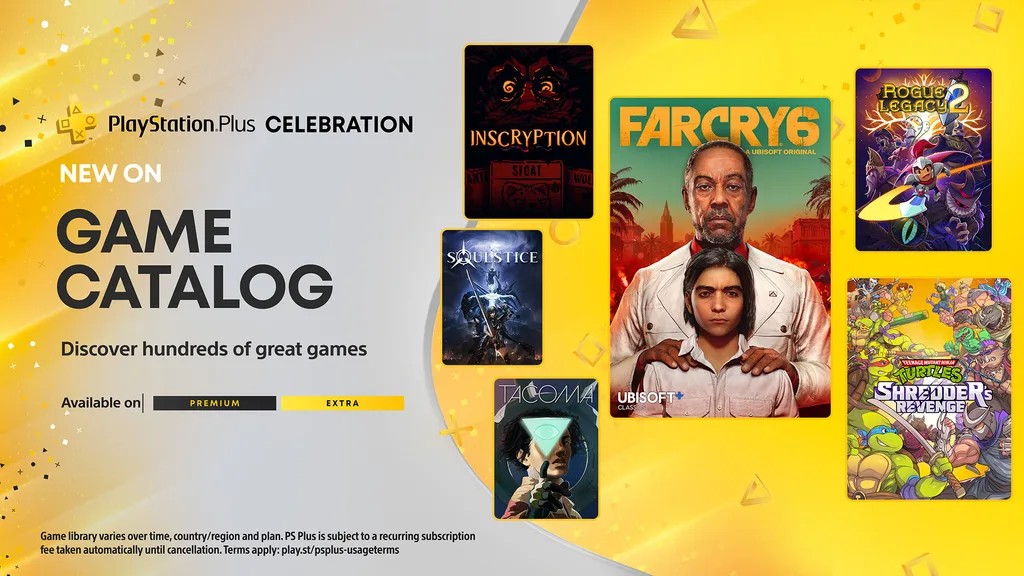 Jogos do catálogo do PlayStation Plus para junho foram revelados:

- Far Cry 6
- Inscryption
- Teenage Mutant Ninja Turtles: Shredder’s Revenge
- Rogue Legacy 2
- Soulstice
- Tacoma
- Deus Ex: Mankind Divided
- Killing Floor 2