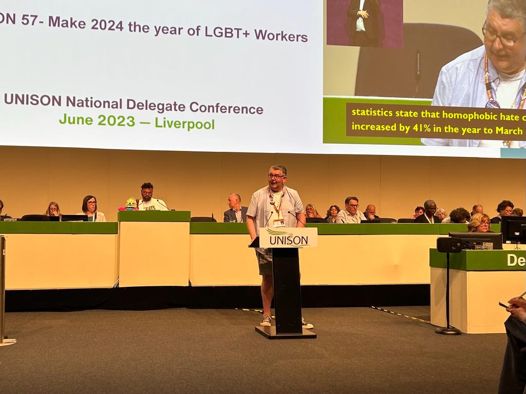NorthernUNISON's tweet photo. Northumbria University UNISON delegate @NeilBellamy3 speaking in support of Motion 57 Make 2024 Year of the LGBT+ worker. https://t.co/mmQcv3tOmG