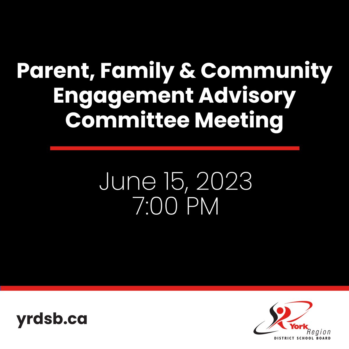 TOMORROW - #YRDSB Parent, Family and Community Engagement Advisory Committee meeting. 

June 15, 2023 at 7:00 p.m.

Agenda and live stream: www2.yrdsb.ca/parent-family-…