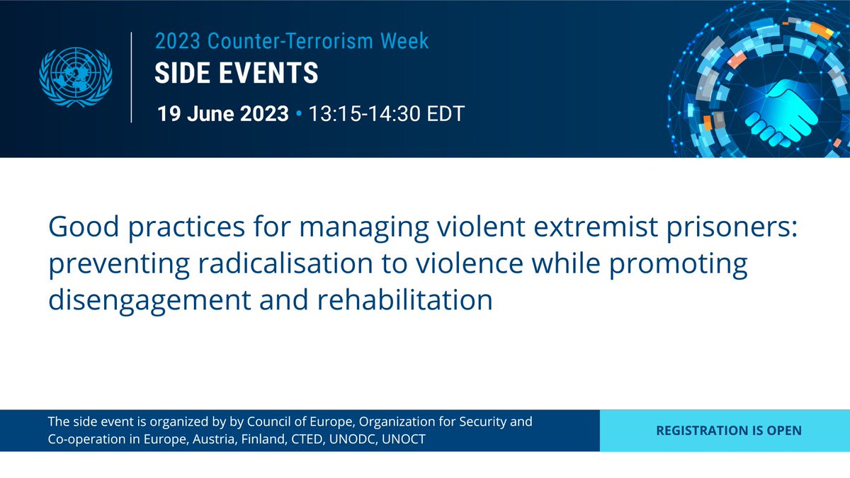 OSCE's tweet photo. 📢 Join us for the side event on managing violent extremist prisoners as part of @UN_OCT #CTWeek.

Experts in this emerging field will share best practices on preventing radicalisation and violence to supporting rehabilitation.

Registration ⬇️
https://t.co/zNtcFXqf40 https://t.co/ikLEoHji4M