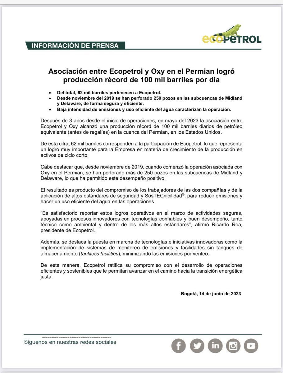 juanguilon's tweet photo. #BuenasNoticias @ECOPETROL_SA y @WeAreOxy alcanzan récord de producción en el Permian en Estados Unidos bajo los más altos estándares ambientales y operativos. Baja intensidad de emisiones y uso eficiente del agua caracterizan la operación.👇 https://t.co/dO0o7plHBx