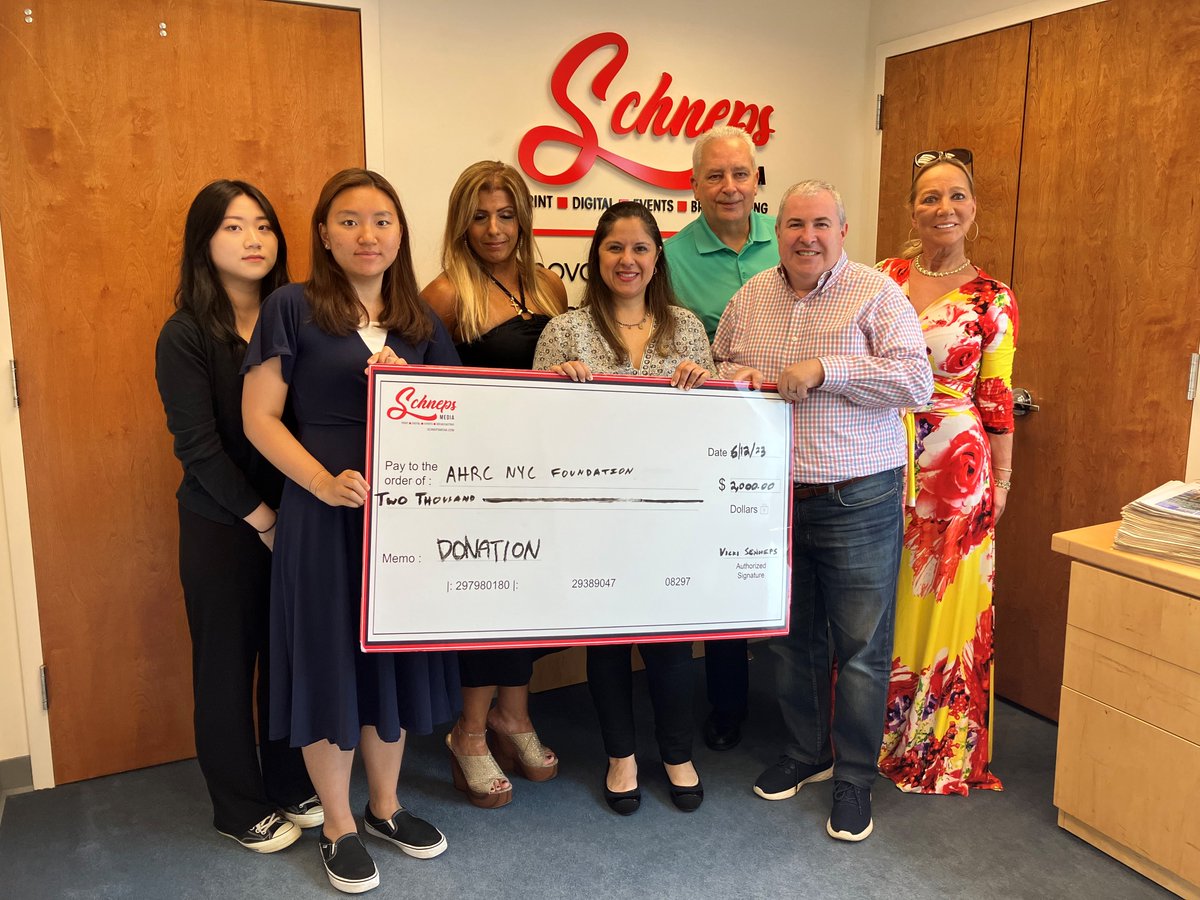 Thank you to Schnepps Media for their support
of <a href="/AHRCNYCFDN/">AHRC NYC Foundation</a> ! The Foundation was presented
with a $2,000 check from the proceeds of Schnepp's
Manhattan Power List raffle.