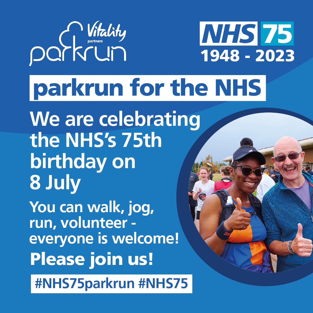 We are joining in the celebration of the NHS's 75th birthday on 8 July and invite you to join us at Wimbledon parkrun to walk, jog or run and wear something in 'NHS blue', or even medical wear...