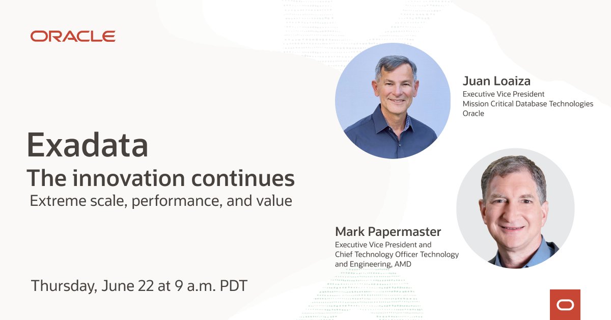 KellyTrebbe's tweet photo. Tune in to hear from @Oracle's Juan Loaiza and @AMD’s Mark Papermaster and learn about the latest #Exadata innovations: https://t.co/olzsKfYAxV https://t.co/Vh9ivgmArf