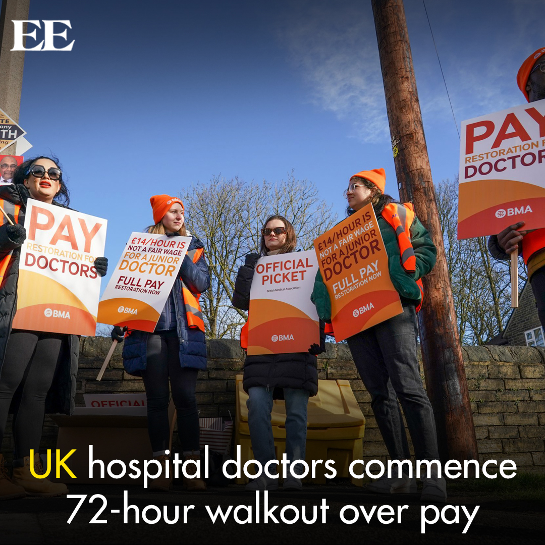 EasternEye's tweet photo. 🏥⚠️ Hospital doctors in England have begun a 72-hour strike over pay, raising concerns about patient care.
 
Find out more about this ongoing labor action and its impact here: https://t.co/QZSWVnbLGQ

#DoctorsStrike #NHS #Healthcare #easterneye #asianmediagroup https://t.co/kxZOys7xGG