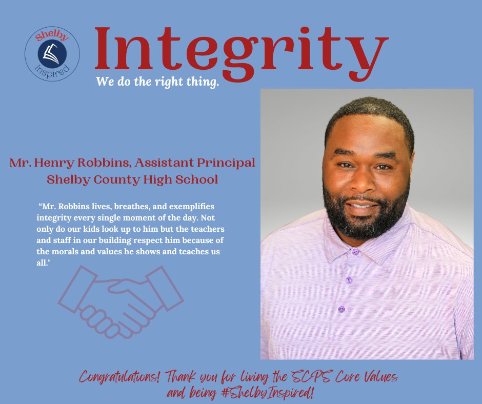 Mr. Henry Robbins, AP <a href="/RocketPrincipal/">Shelby County High School</a>, was recognized for the Core Value of Integrity. Thanks for being #shelbyinspired. #il3 <a href="/KyDeptofEd/">KY Dept of Education</a> <a href="/KASAEdLeader/">Kentucky Assn of School Adm.</a> <a href="/SallyWSugg/">Dr. Sally Sugg</a> <a href="/adamwhicks/">Dr. Adam Hicks, NBCT</a> <a href="/SCPS_Rock/">Jill Tingle</a>