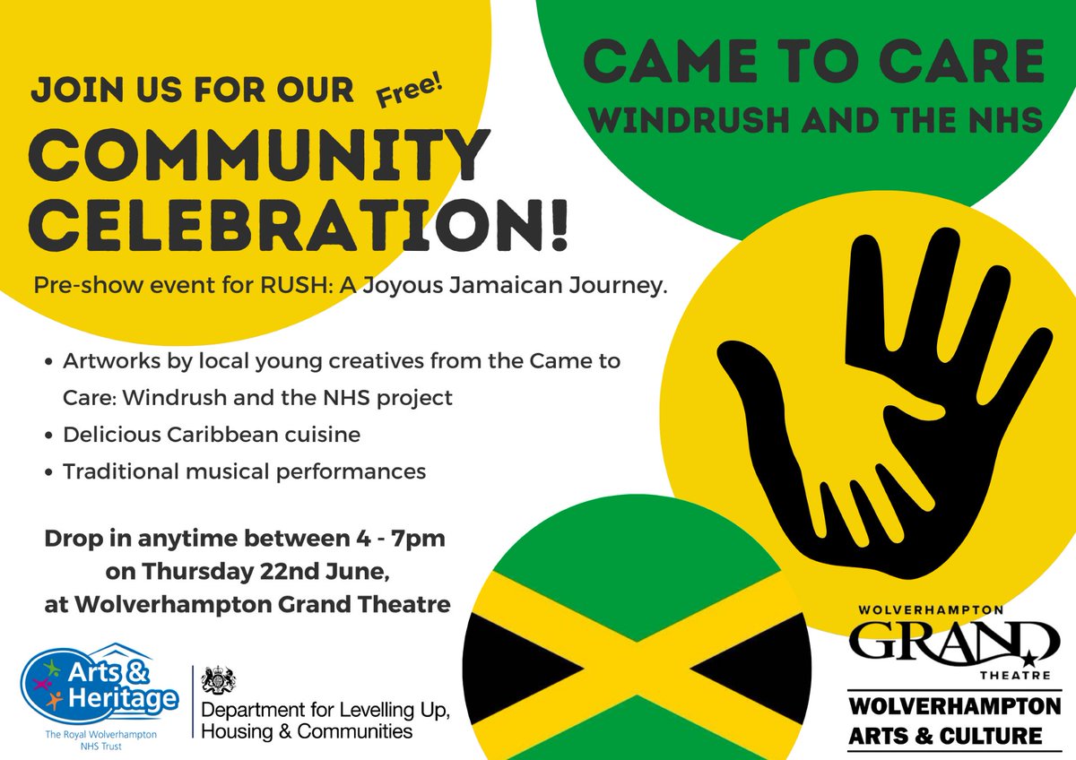 walsallacca's tweet photo. The Royal Wolverhampton NHS Trust invites you to their upcoming Windrush 75 community celebration event, taking place on Thursday 22nd June at Wolverhampton Grand Theatre. https://t.co/pSijrQu278