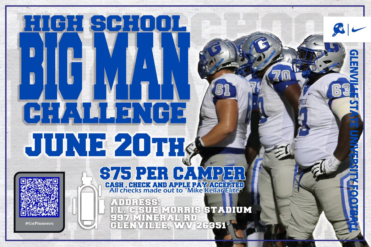 🚨🚨Last camp of the Summer at Glenville❕

Looking forward to seeing all the BIG GUYS in the Ville on June 20th❕

Make sure to scan the QR code below or in @GlenvilleStFB bio to sign up!

#GoPioneers
#ComeToTheVille