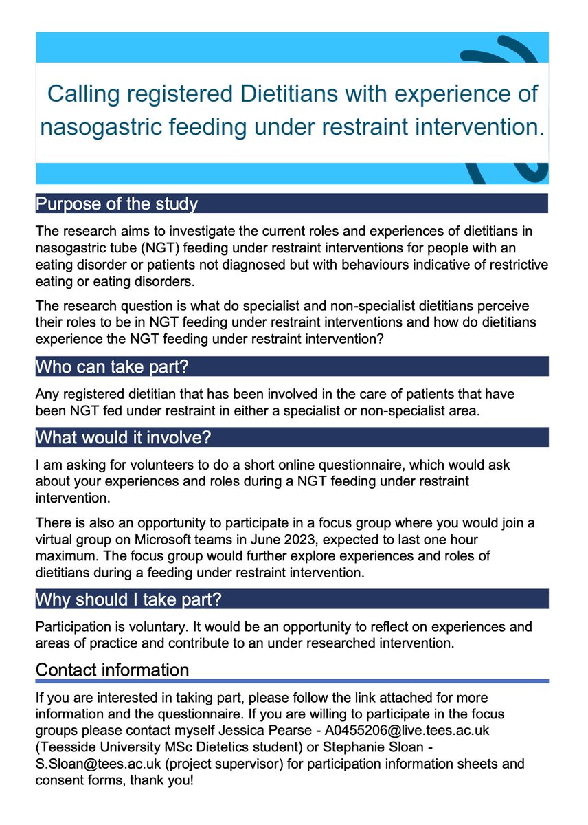 Jessica is a student Dietitian from #TUDietetics looking for volunteers for her dissertation research, please see the poster below and if interested follow the link to the questionnaire. Thank you! teesside.onlinesurveys.ac.uk/ngt_restraint
