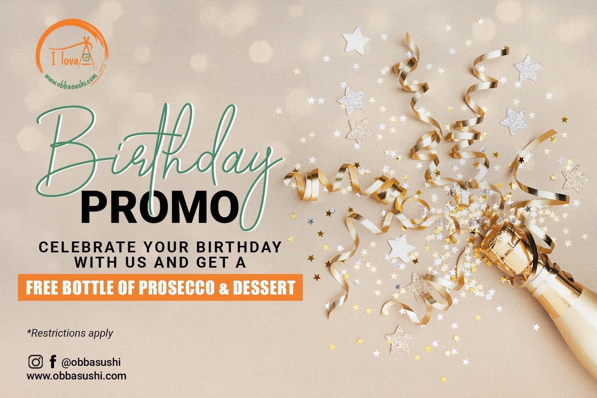 Come celebrate your birthday with us and get a Free bottle of Prosecco and Dessert! 
*Restrictions Apply

#ObbaSushi #BirthdaySpecials #sushitime #birthday #sushiroll #speciallunch #foodies #dailyspecial #localrestaurant #miamifoodie #food #sushi #sushilovers #foodtagram