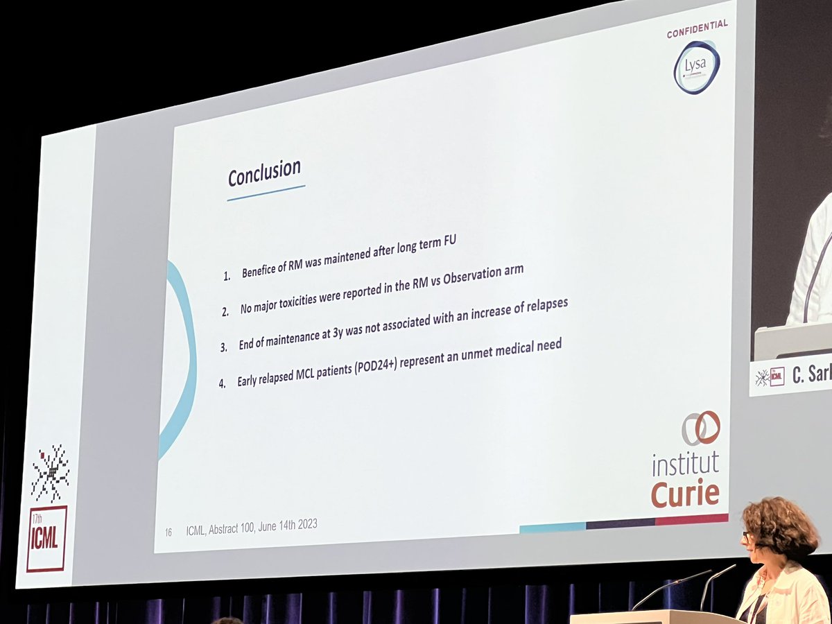 Long term (7yr) follow up of LYMA trial - @LysaLymphoma rituximab maintenance study after autoSCT in MCL by <a href="/clementinesar/">clementine sarkozy</a> - continued PFS benefit, no OS difference, and no increase of relapse after R discontinuation, but continued unmet need in POD24 population #ICML23 #17ICML