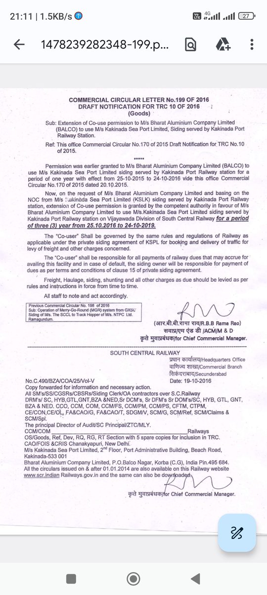 BALCO vallu kakinada port &amp; SCR tho agreement cheskunna old document 
BALCO is in Korba ( CG)