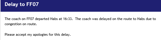 HabsTransport's tweet photo. Two routes delayed departing for Habs this evening due to congestion on the journey to Habs. https://t.co/yP7zoRtwEc