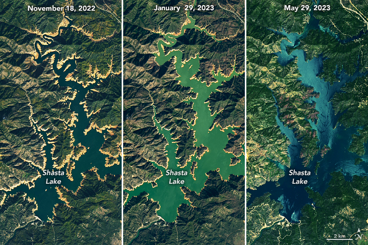 NASAGoddard's tweet photo. #Landsat images show California’s largest reservoir, Shasta Lake, filled to nearly 100 percent capacity in May 2023. Images also show the second-largest reservoir, Lake Oroville, was near capacity at 97 percent in May.

Learn more: https://t.co/wVGzARJ7iP https://t.co/Ly9no3y4gz