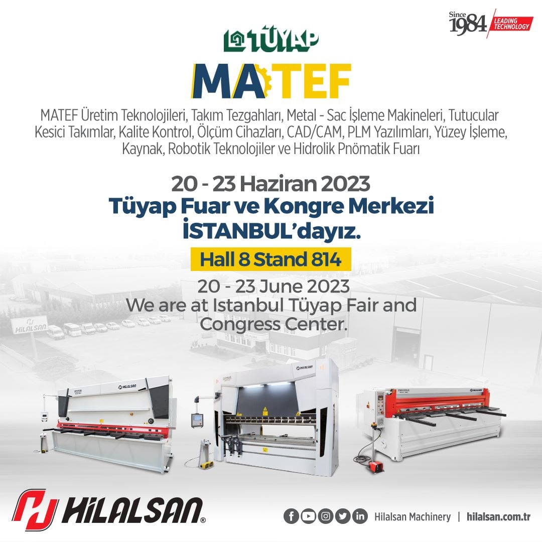 hilalsanmachine's tweet photo. We've taken our place at MATEF Fair between
20-23 June
We invite all of you to visit our stand and see our innovative technologies.
Stand: 8 Hall: 814
#hilalsan #pressbrake #guillotineshear #ironworker #sheetmetal #sheetmetalfab #bendingmachines #cuttingmachine #matef https://t.co/GJwAFi8Htl