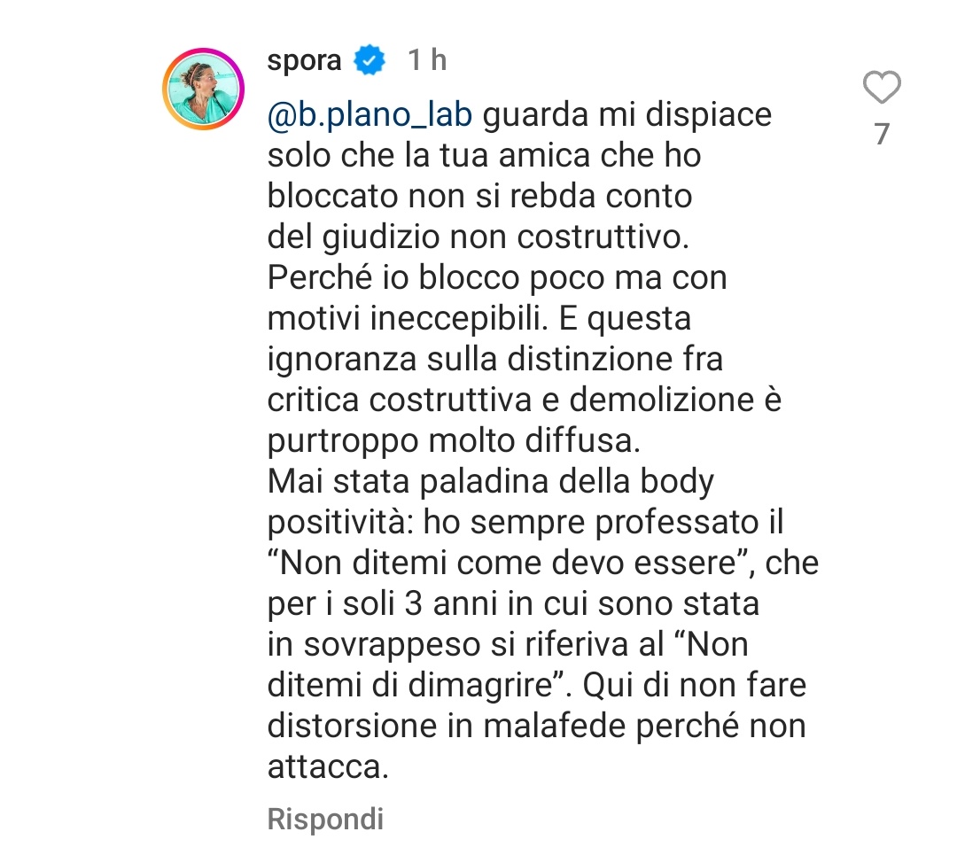 leilaaagain's tweet photo. "Io blocco poco" 
"Mai stata paladina della body positività" 
#sp0ra ha un percepito di se stessa totalmente distorto o pensa che tutti i suoi followers non ricordino nulla? https://t.co/K7BYsyIm6e