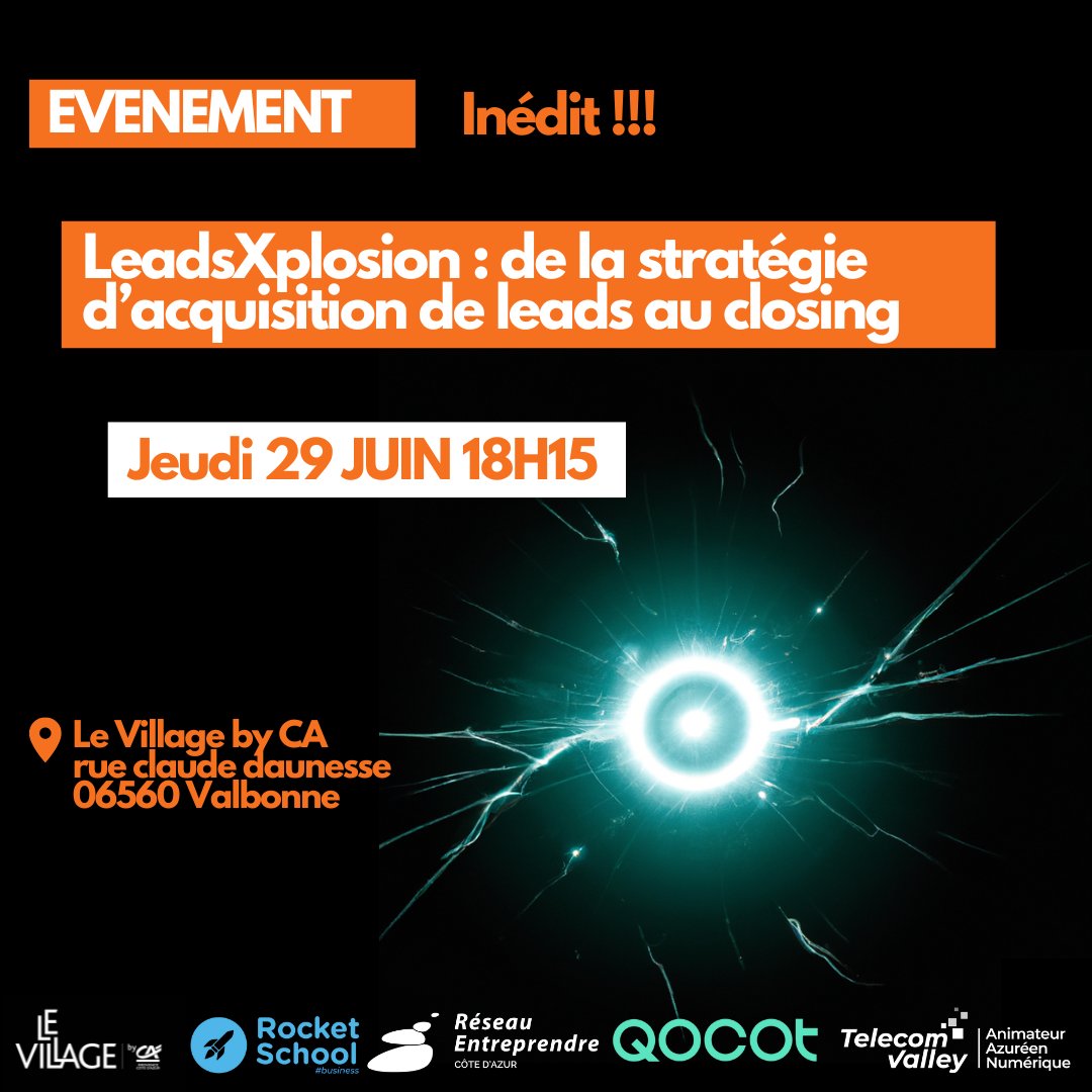 Inédit ! LeadsXplosion, de la stratégie d’acquisition de leads au closing 🚀

Organisé par @villagecasophia avec <a href="/rocketschoolfr/">Rocket School</a> et @qocot_mktg , en partenariat avec @re_coteazur et @telecomvalley 

📆 Jeudi 29 Juin 18h

✔ Inscription : eventbrite.fr/e/billets-lead… 

#leadgen #vente
