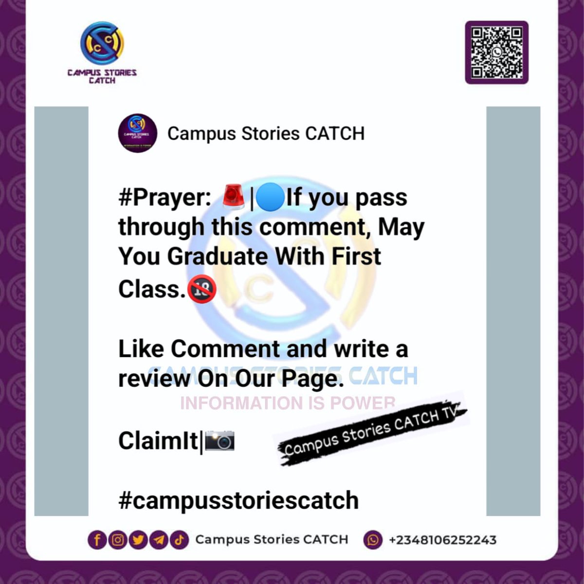 #Prayer: 🚨|🔵If you pass through this comment, May You Graduate With First Class.🔞

Like Comment and write a review On Our Page.

ClaimIt|📸

#campusstoriescatch