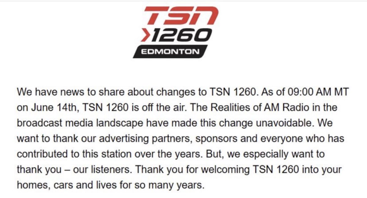 The times, they are a-changin’.

My thoughts are with the talented professionals impacted by this station closure. 

Support independent media! 💪🏼 #yeg