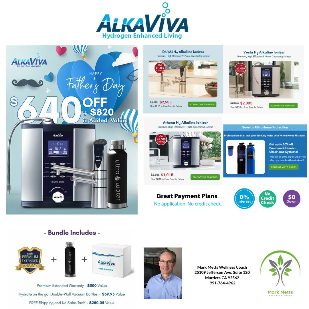 wellnessfouryou's tweet photo. AlkaViva Father's Day Sale! $640 Off + $820 in Added Value. Hurry sale ends June 19!
UltraWater is the best alkaline water ionizer you can buy. Contact Mark Metts Wellness today! 951-764-4962
#alkaline #alkalinewater #alkaviva #alkalinesale #wholehousefiltration #waterfilters https://t.co/yKXAcHCMjB