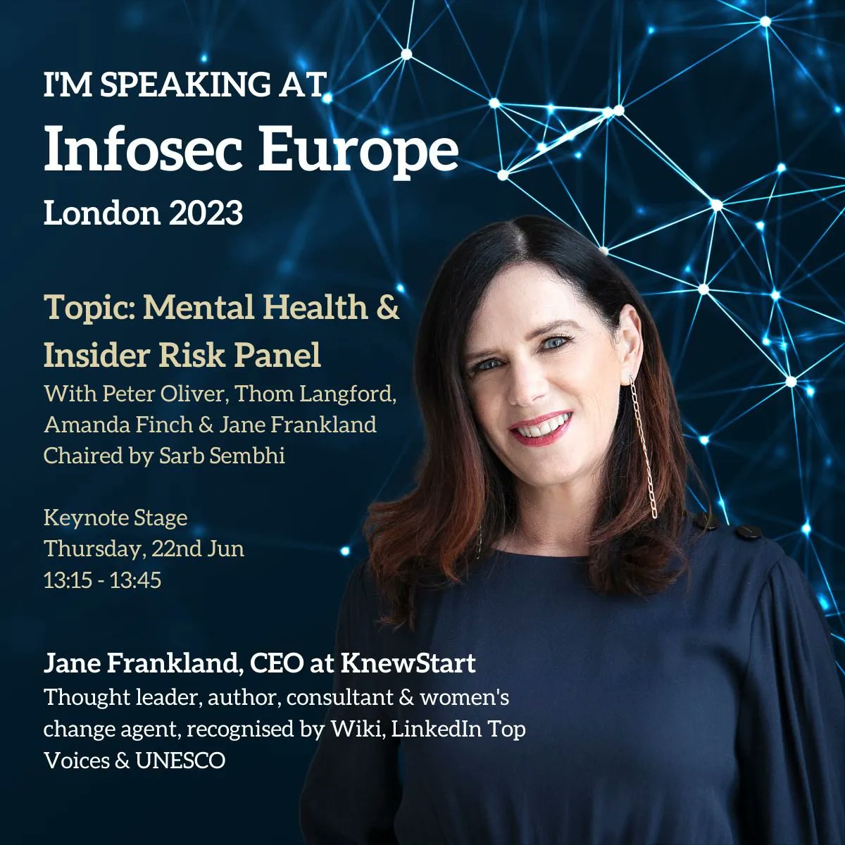 JaneFrankland's tweet image. I&apos;m speaking at #Infosec2023 about Mental Health and Insider Risk as the Next Big Threat to Cyber Security buff.ly/3PdzlA2