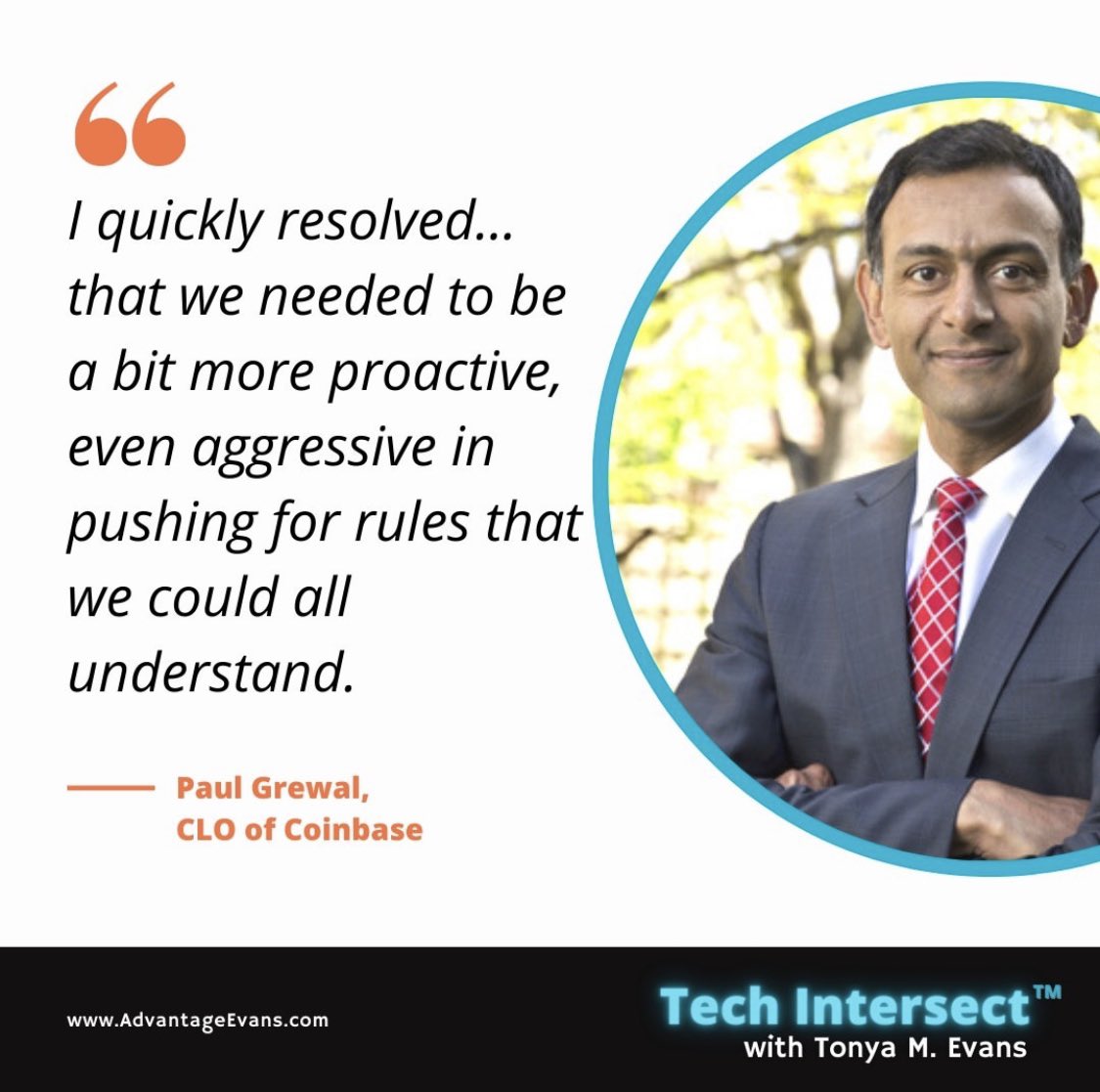 IPProfEvans's tweet photo. Recently, @coinbase CLO @iampaulgrewal and I spoke about the crypto regulatory environment, the SEC, and the legal road ahead for multi-national exchanges in the US and abroad.

Tune into @AtTechIntersect now! 

https://t.co/FF7fScxvFq

#techintersect #cryptolaw #cryptoregs #digitalmoneydemystified