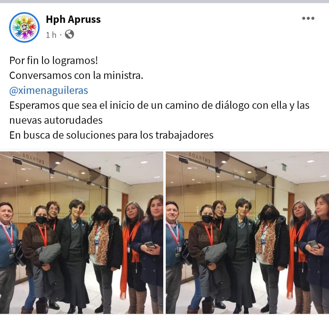 AprussHph's tweet photo. Después de 3 meses logramos el compromiso de la ministra @ximenaguilera para escuchar a los funcionarios del @HospitalHPH .
Esperamos está reunión comprometida a la brevedad.
Para muchos compañeros perjudicados cada día suma.
@GabrielBoric @ministeriosalud @FedeprusM @confedeprus https://t.co/VxhjeLg3TS