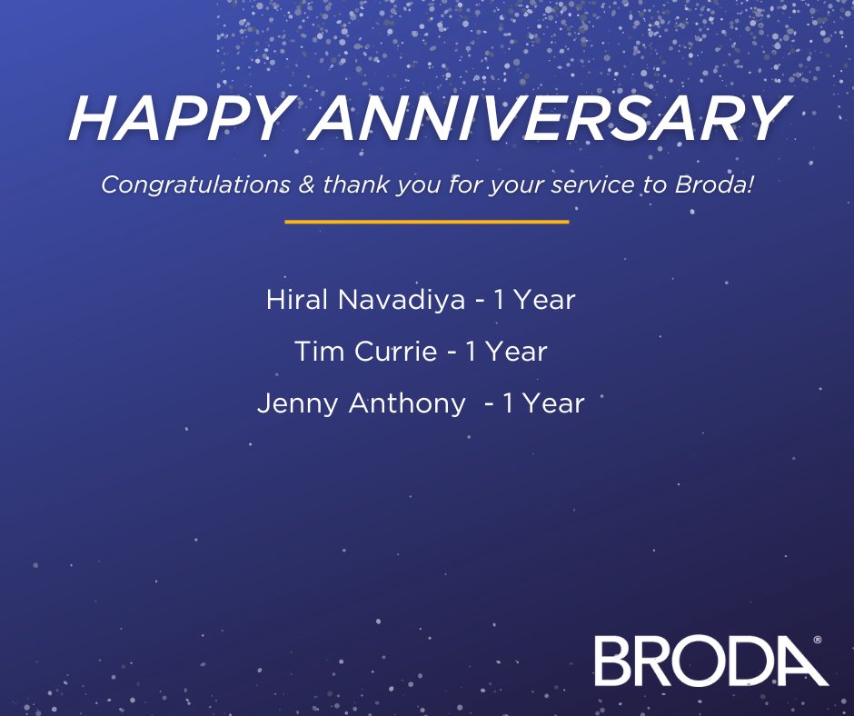 BrodaSeating's tweet photo. Let's celebrate our team members who have completed another year with Broda in June. Happy 1st work anniversary to Hiral Navadiya, Tim Currie, and Jenny Anthony. Thank you for your hard work in your first year with our team! 

#HappyAnniversary #WorkAnniversary  #Broda https://t.co/XnQVU6SEPr